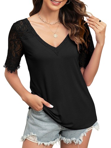 NEW! Trendy Summer Tops Lace Short Sleeve V Neck T Shirts for Women