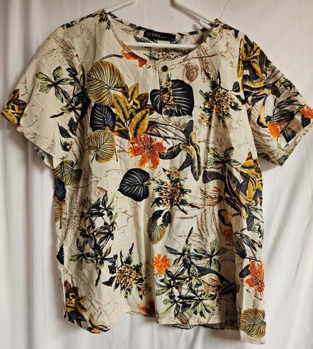 WOMENS XXL ZANZEA BLOUSE 100% COTTON BEIEGE / MULTICOLOR FLORAL LEAF PRINT