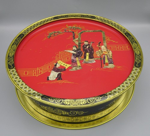 Vintage Asian Tin Box Tray Lid Two Sided T'ang Dynasty Litho Art Red White 13.5" - Picture 9 of 24