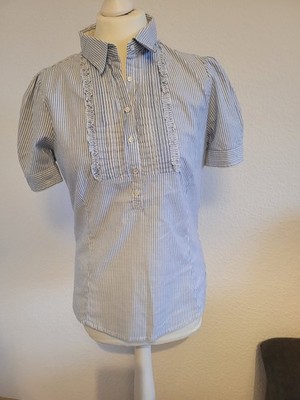 Zara Damen Bluse Gr. L blau/weiß gestreift Kurzarm Kragen Rüschen