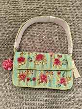 NEW Pink Roses Beaded Bag With Green Yellow Stripes and Matching Charm