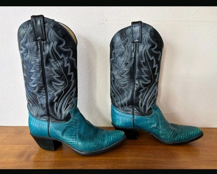 Botas Justin Turquesa Iguana Lagarto y Cuero Negro, Vintage Western Talla 9 B Foto 2 de 4
