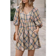 DREW By Anthropologie Plaid Midi Dress Square Neck Puff Sleeve Cotton Peach Blue