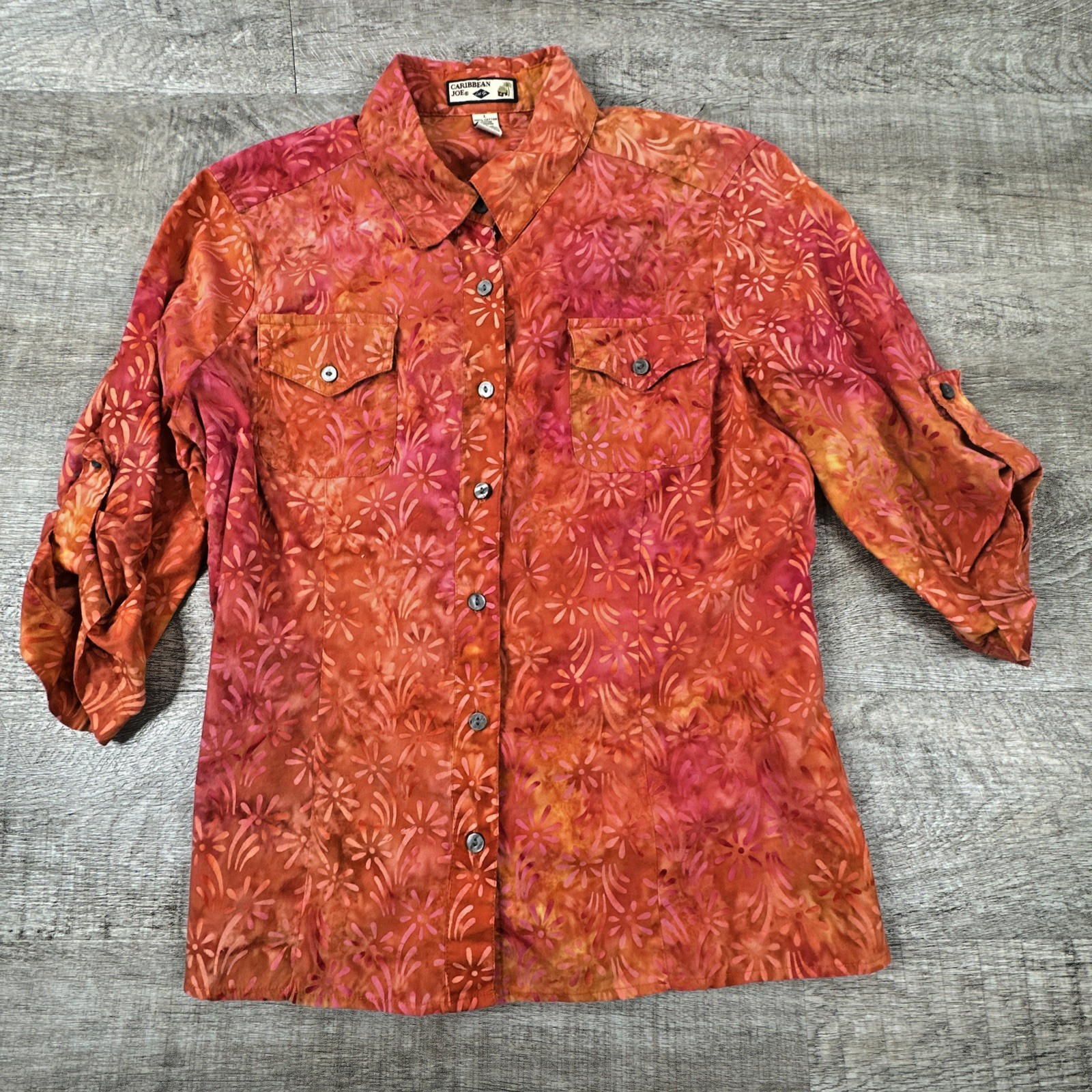 Caribbean Joe Women's L Button Up Shirt Orange Floral Tropical Textured Cotton