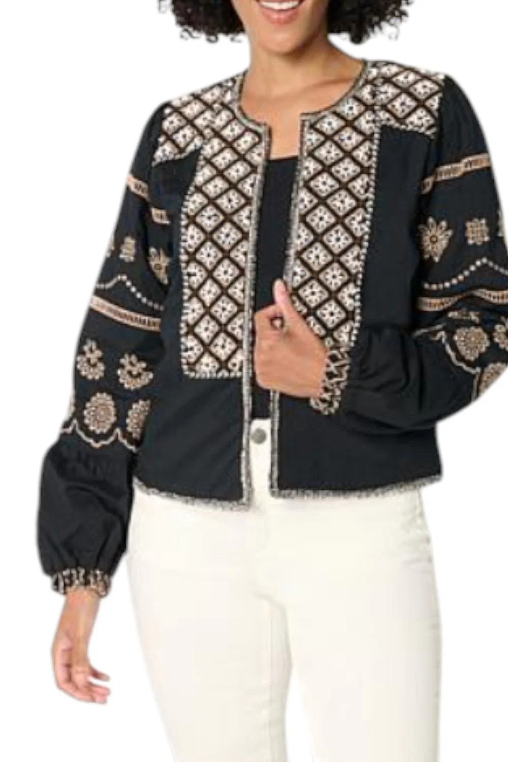 G by Giuliana Women's Black Label Woven Beaded Eyelet Jacket Black