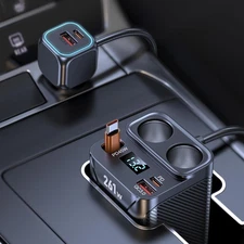 Cigarette Lighter Splitter with Retractable Car Charger, 45W USB C Car Cup 2-...