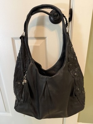 BRIGHTON MASTERPIECE 3D STUDDED EMBOSSED BLACK STEPH SHOULDER HANDBAG EXP