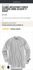 NWT Carhartt Flame-Resistant Force Cotton Long-Sleeve T-Shirt in Light Grey sz S