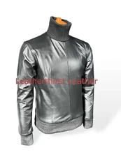 New Men's & Boys Silver Turtle Neck Leather T-Shirt| Genuine Lambskin Leather XL