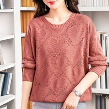 Women Knitted Sweater Jumper Round Neck Long Sleeve Hollow Out Pullover Tops