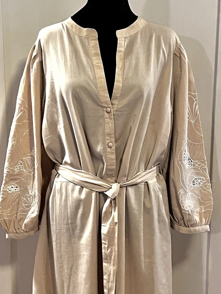 H&M Light Beige Cotton & Linen Dress with Embroidered Sleeves Size XL Tall - Image 4 of 4
