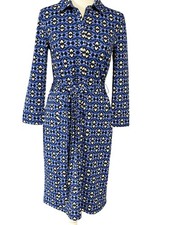 Talbots Dress Womens XS Blue Black Geometric Shirt Midi Belted Long Sleeve Print