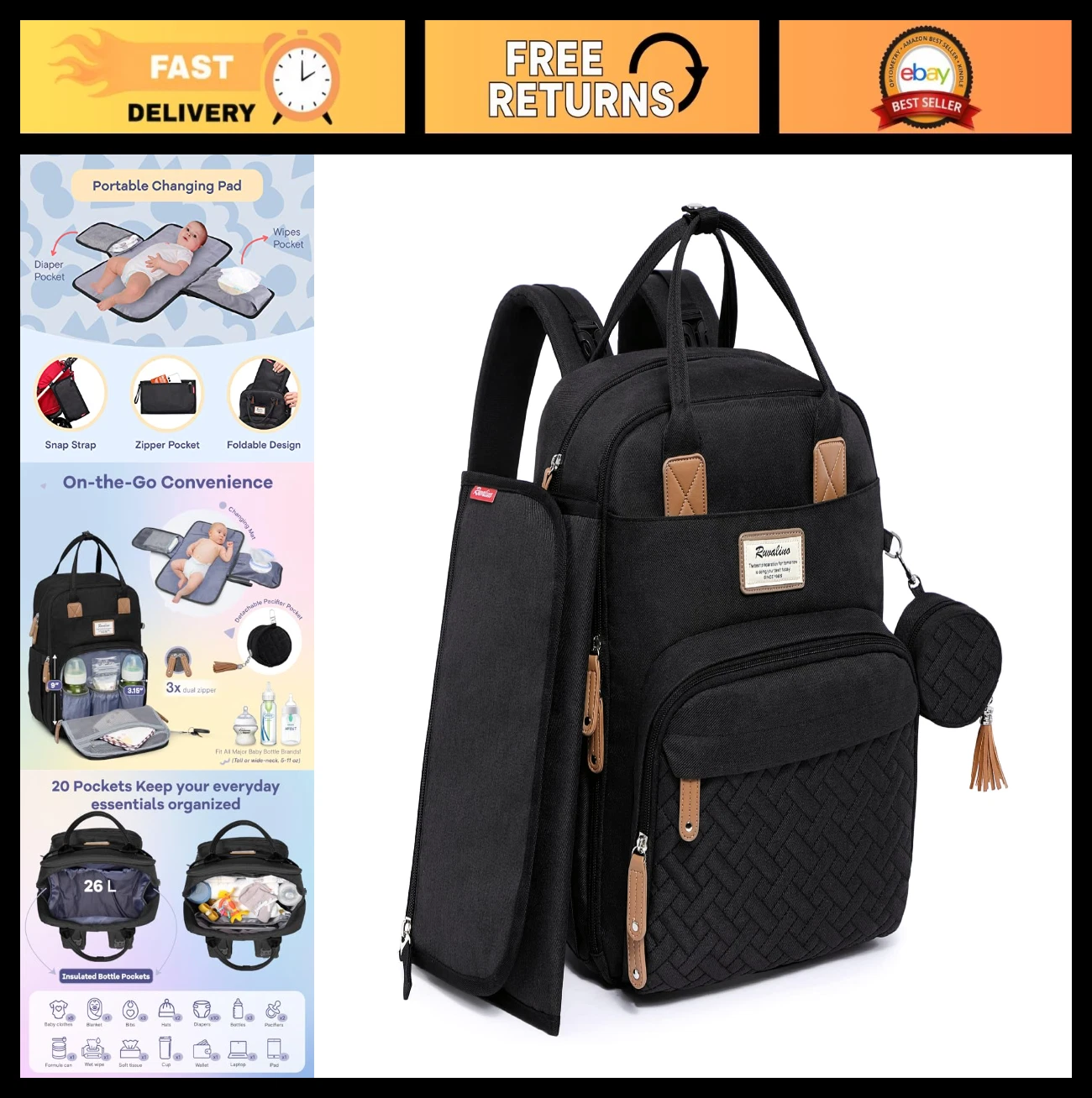Multifunctional Diaper Bag Backpack, Large Capacity Waterproof Baby Travel Bag