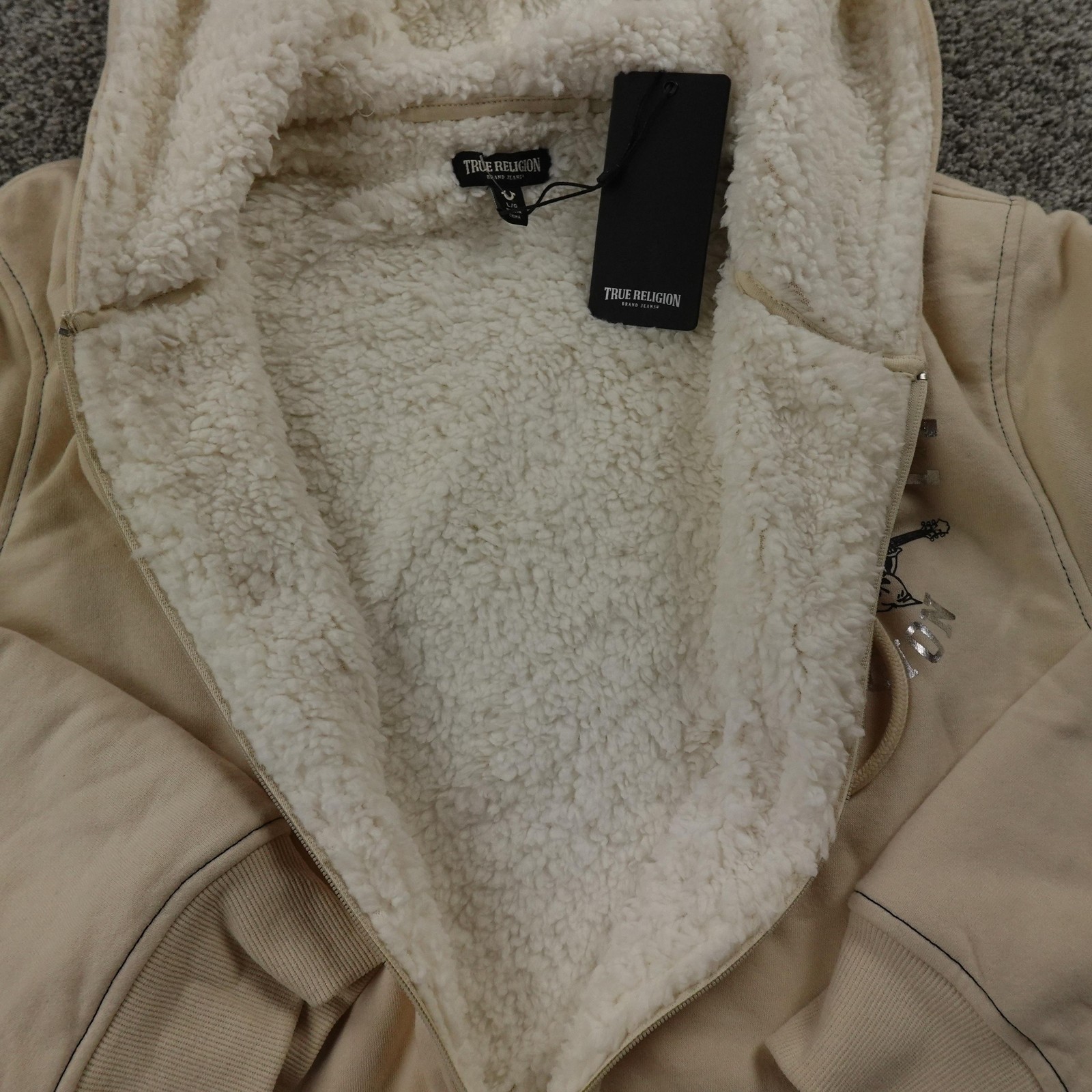 NEW True Religion Hoodie Mens L Beige Buddha Sherpa Full Zip Sweatshirt Jacket thumbnail 7