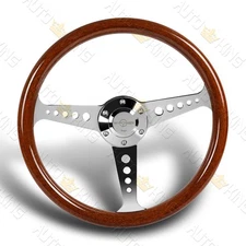 W-POWER 350MM CLASSIC BROWN WOOD GRAIN 6-HOLE CHROME SPOKE 14" STEERING WHEEL