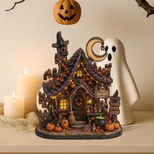 Witch Cottage Wooden Block, Magical Halloween House Shelf Decor