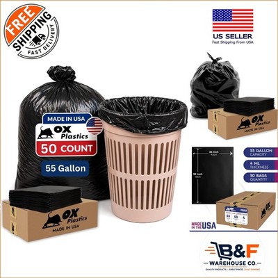 Extra Heavy Duty 55 Gallon Trash Bags - 4 Mil Thick, 50 Count for Tough Cleanup