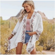 POL White Embroidered Kimono Cardigan Boho Geometric Open Front Medium
