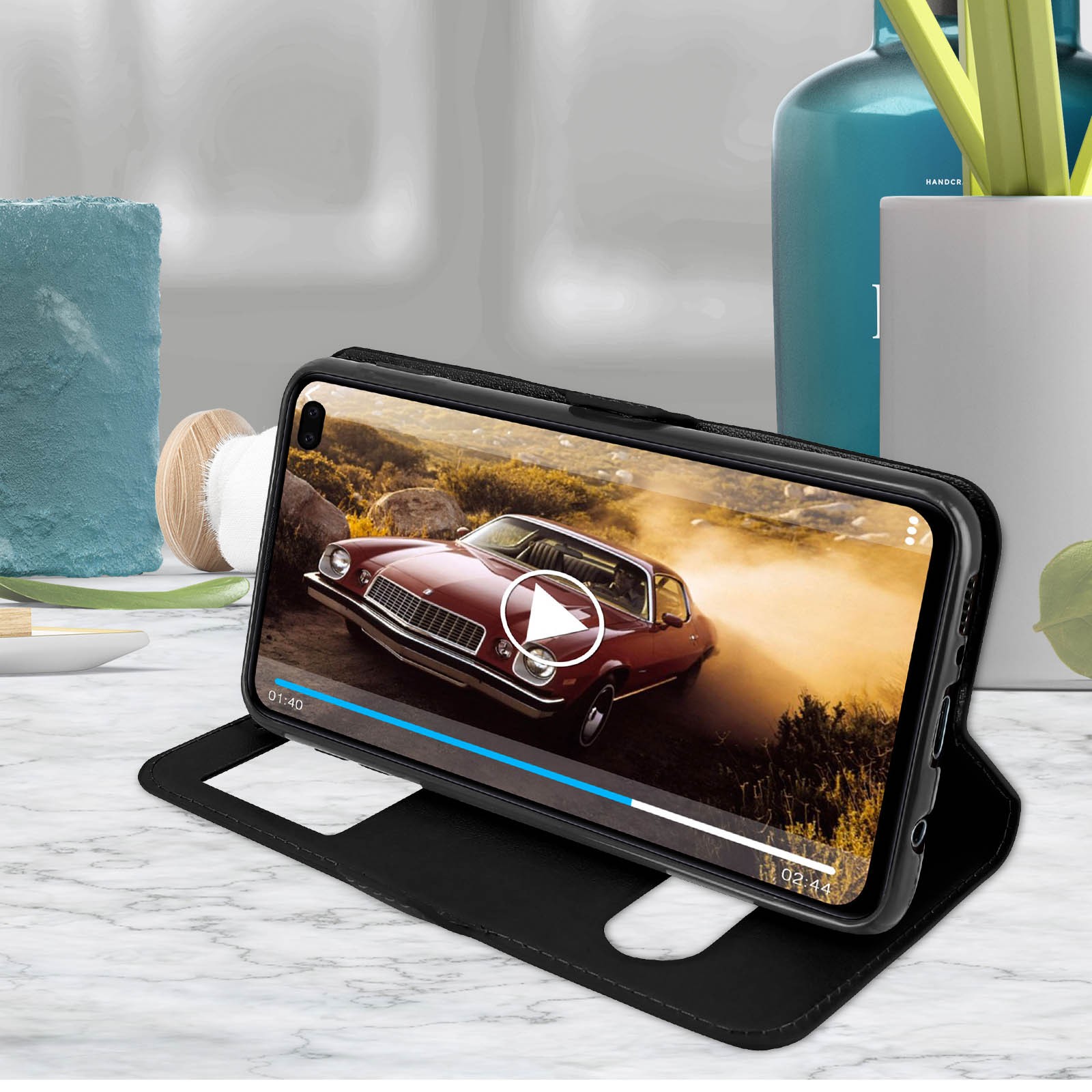 Galaxy S10 Plus Flip Cover rabat interactif double fenêtre et support