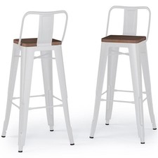 Pemberly Row Industrial 30" Metal Wood Seat Bar Stool in White Set of 2