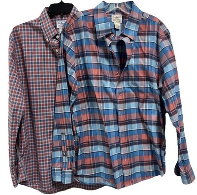 Lot Of 2 LL Bean Medium Regular Plaid Button Front Shirts 100% Cotton