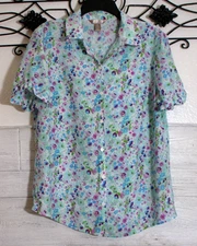 White Stag Women's Top Size L Short Sleeve Multicolored Floral Collared Neck