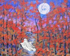 ACEO Halloween Ghost In The Woods (2.5" x 3.5") Signed by Artist-Full Moon