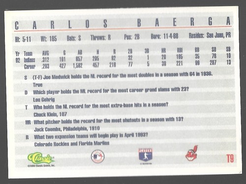1993 Serie Clásica Carlos Baerga T9 Trivia Juego Indios de Cleveland - Imagen 6 de 8
