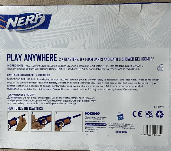 NERF Play Anywhere Bath Set, 2 Blasters Foam Darts & Shower Gel 8yrs