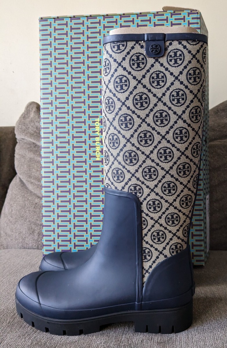 Tory Burch T Monogram Hurricane Tall Rain Boot Size 10 | eBay