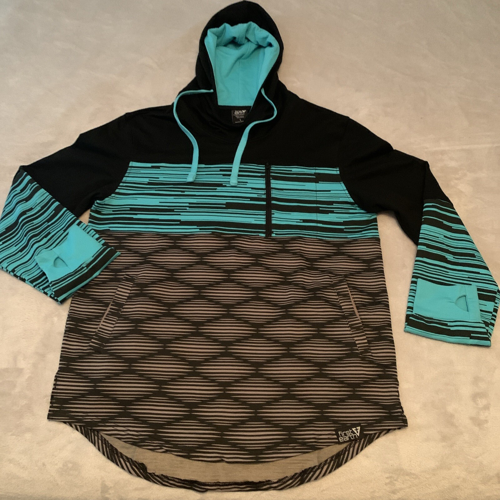 Men’s Hoodie Large Long Sleeves Teal Black Great Condition