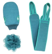 Body Scrubber Shower Set , Back Scrubber, Sponge Pad & Loofah Mesh. TEAL