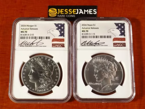 2024 $1 SILVER PEACE & MORGAN DOLLAR NGC MS70 ADVANCE RELEASES MILES STANDISH