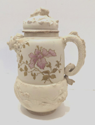 Antique Bisque Mocha Pot Dragon Handle Mermaid Spout Gold & Pink Flowers