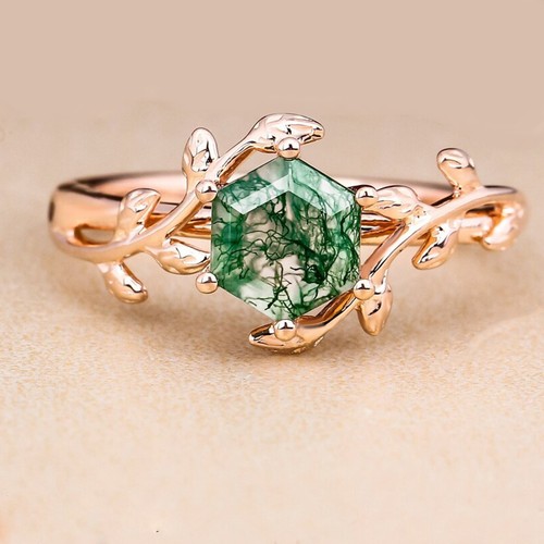 Leaf Twig Ring Round Moss Agate 925 Sterling Silver All Size Ring Women's - Picture 6 of 10