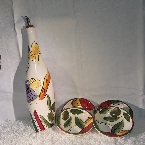 Pampered Chef Hand Painted Oil Cruet Set with Pour Spout and Dish