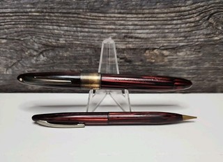 Vintage Sheaffer Lifetime Triumph Fountain Pen & Pencil Set Carmine Red Striated