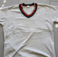 Vntg 70s Terry Cloth V-Neck Shirt Retro Athletic Stripe Tee M 38-40 USA Cotton