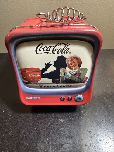 Coca-Cola VANDOR Collectible Tin Bank Vintage TV Shape w/ Spring Handle “Shop Re