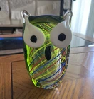 Murano Art Glass Hand Blown Owl Figurine Green Multicolor Swirl Decorative