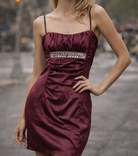 Roberta Dress Silky Satin Bodycon Mini Burgundy Rhinestone Party 90's 5/6 Small