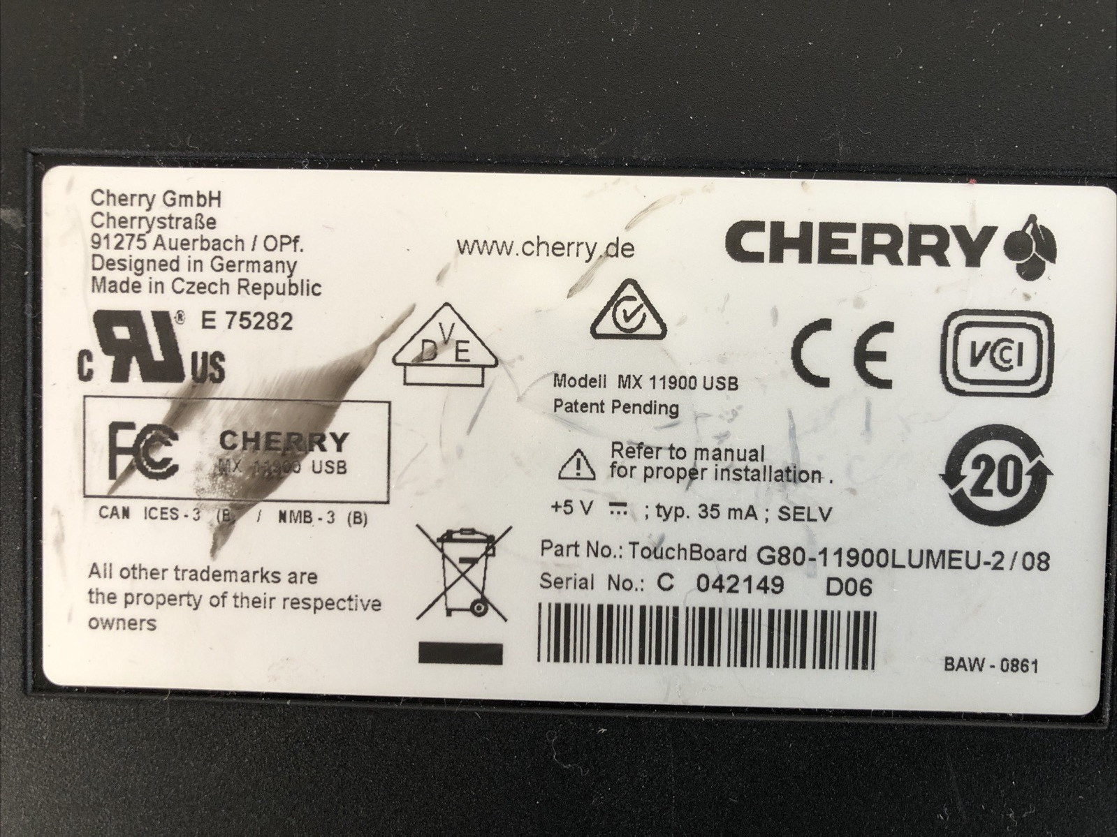 CHERRY MX11900 USB Wired Mechanical Keyboard w/ Trackpad 