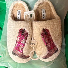 Katydid Faux Fur Slip-On Slippers Sequin Cowboy Boot Lined Women 6.5