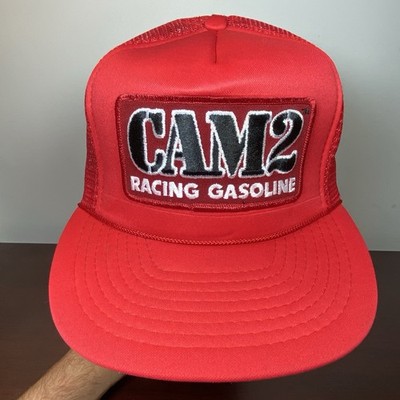 Vtg CAM2 Gasoline Racing Red patch NASCAR All Red snapback trucker mesh rope hat