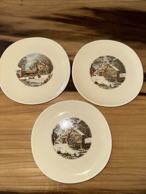 VTG Sun-Lure by Crooksville 6  Plates The Old Homestead In Winter Set of 3