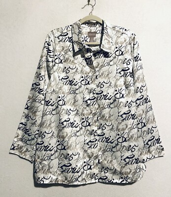 Chicos Top Womens XL White Black Pretty Pen Tunic Long Sleeve Wrinkle Resistant
