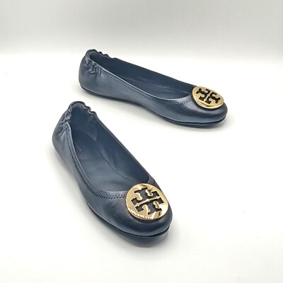 Tory Burch Minnie Travel Ballet Women's Black Leather Flat w/Metal