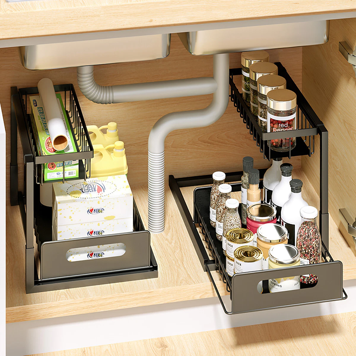Under sink cabinet organizer with sliding storage drawer outlet