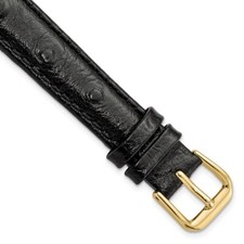 14mm 6.75" Black Ostrich-Style Grain Leather Gold-tone Buckle Watch Band