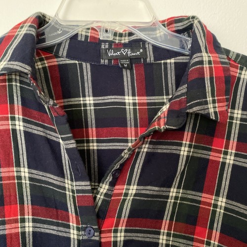 velvet heart front wrap blue red plaid Vneck cotton top long sleeve sz:M - Picture 3 of 4
